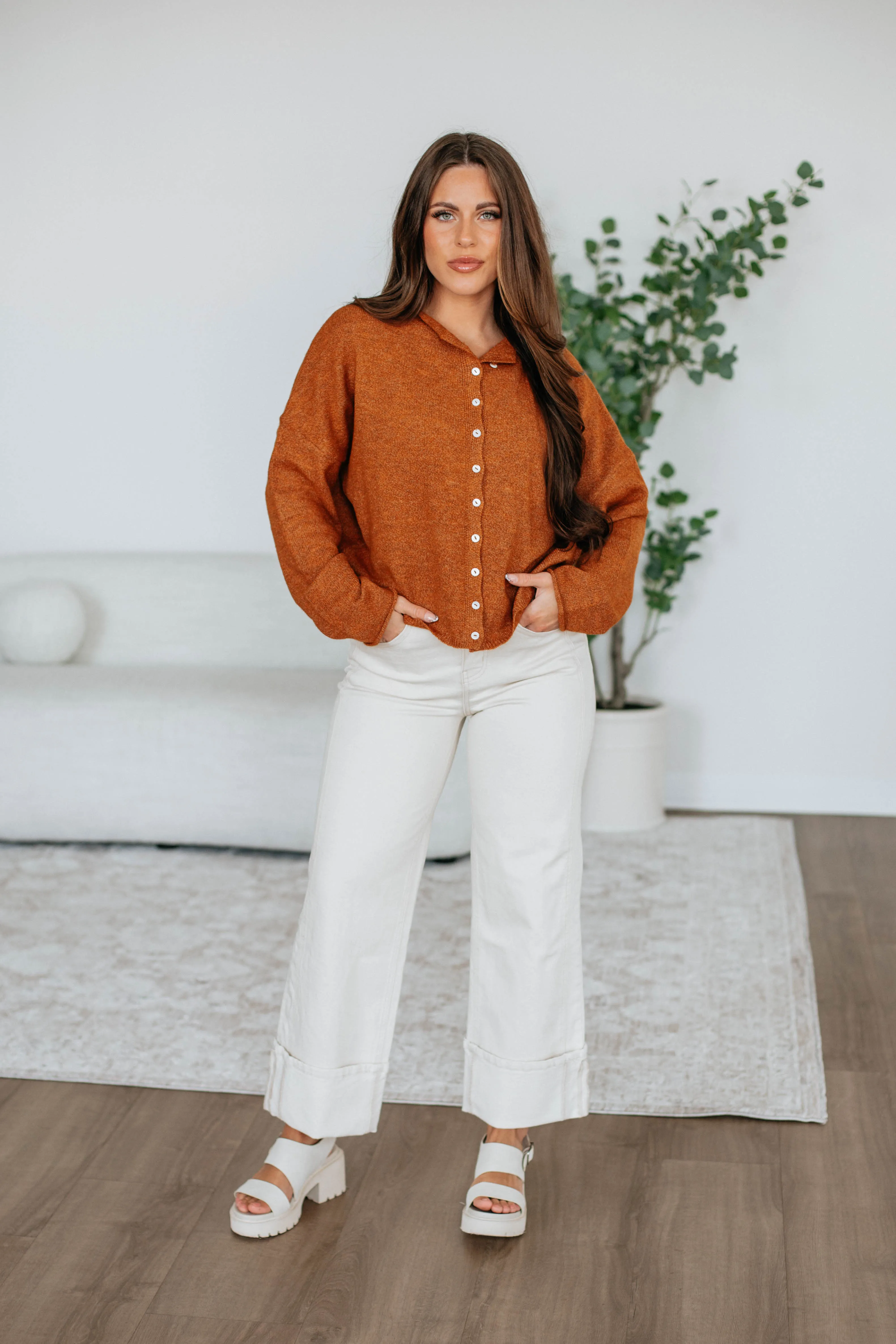 Brooke Cardigan - Rust Sophisticated Knit Lightweight Cable Pattern