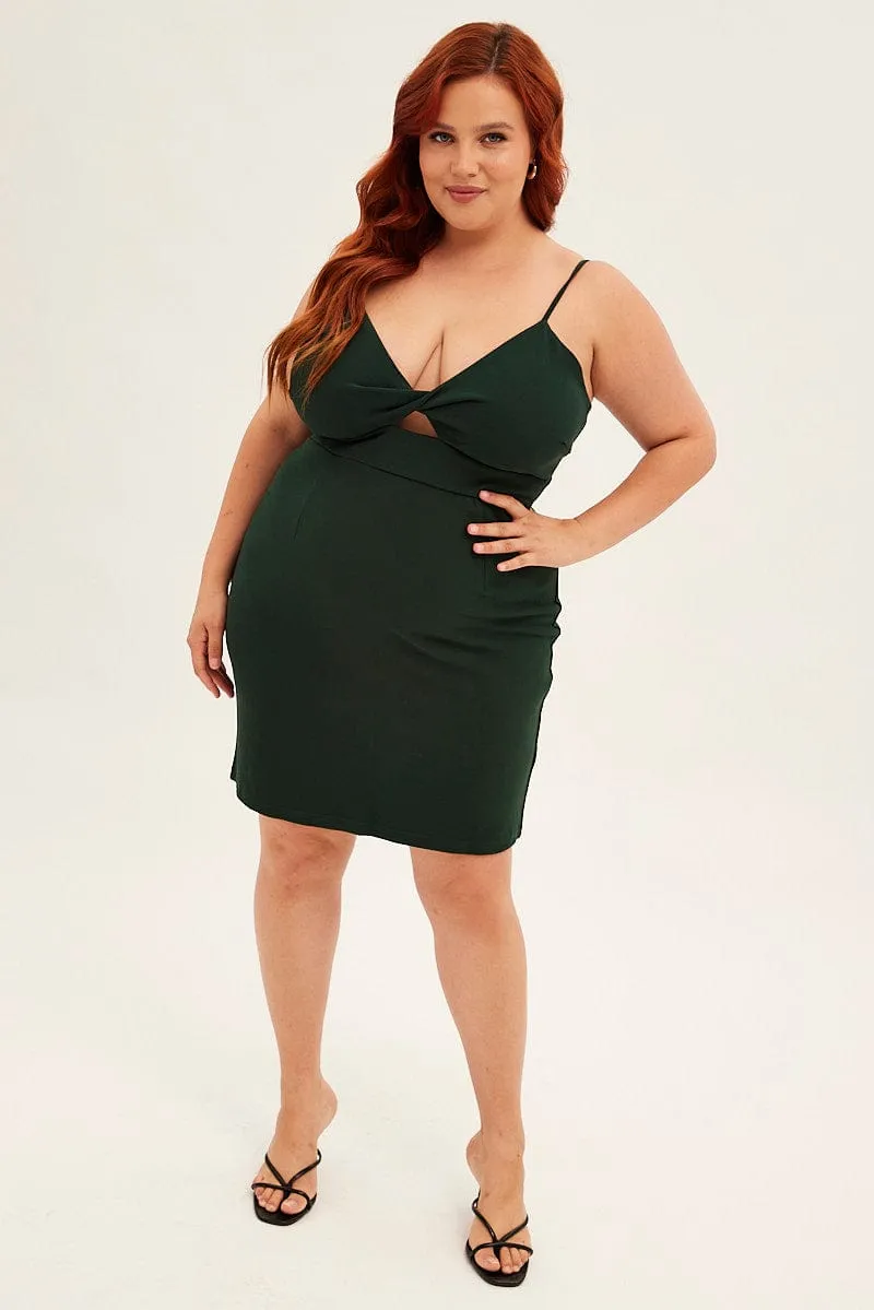 Greek Spirit Trendy Appearance Green Midi Dress Shoestring Strap Fitted Stretch Crepe