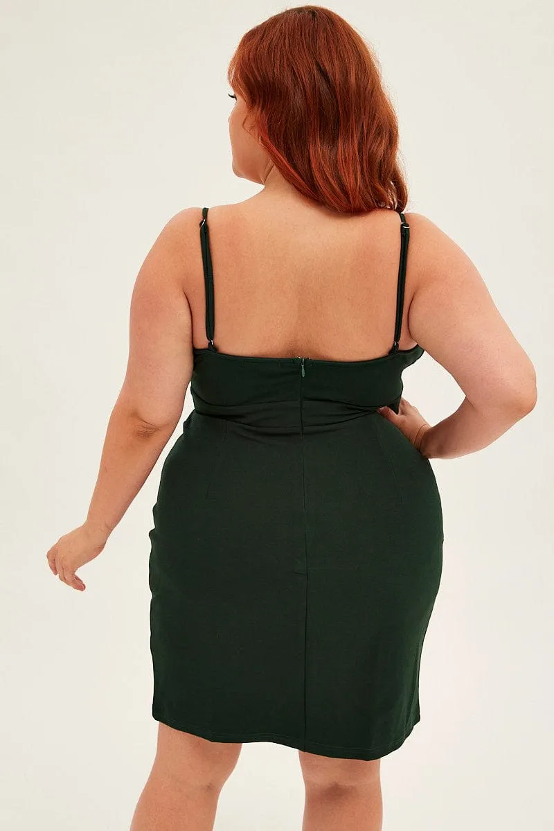 Green Midi Dress Shoestring Strap Fitted Stretch Crepe Moon View Jade Glow