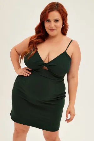 Green Midi Dress Shoestring Strap Fitted Stretch Crepe Field Glow Timeless elegance