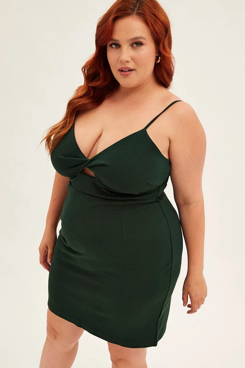 Green Midi Dress Shoestring Strap Fitted Stretch Crepe Chic Vibes