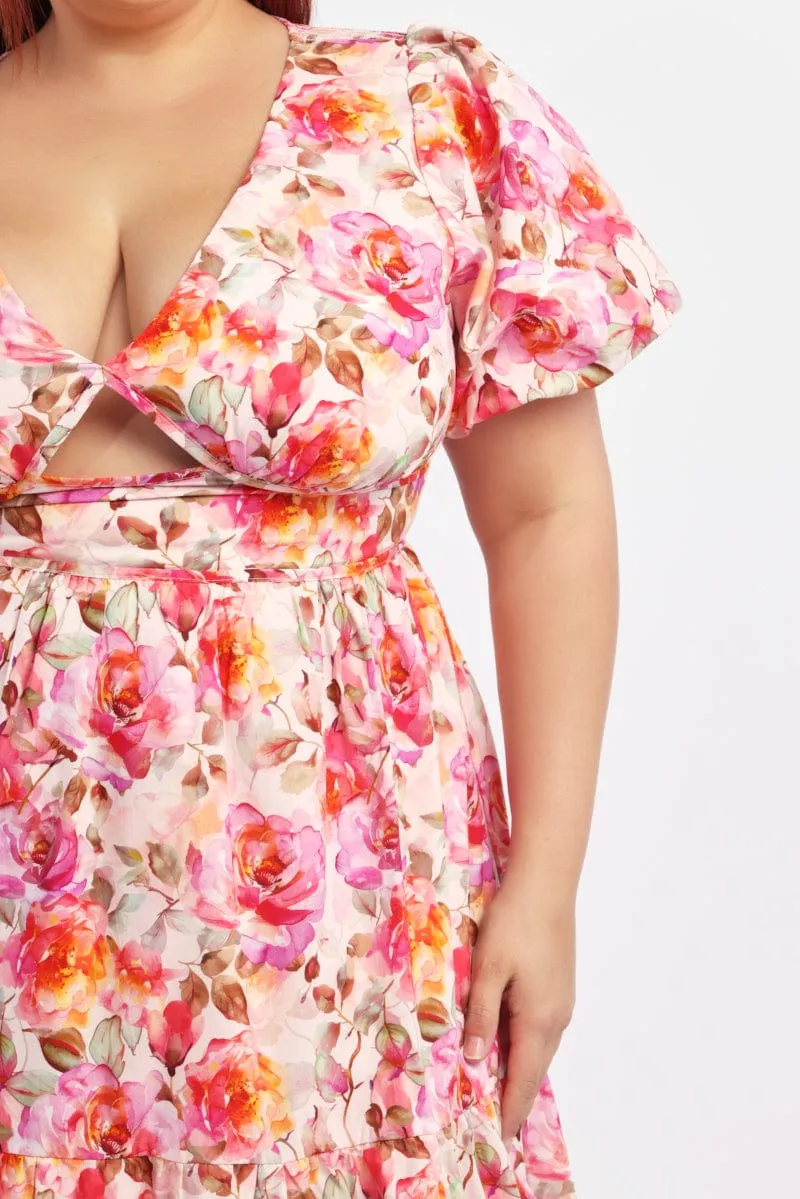 Chic and Simple Elegant Silhouette White Floral Midi Dress Short Sleeve Cut Out Textured