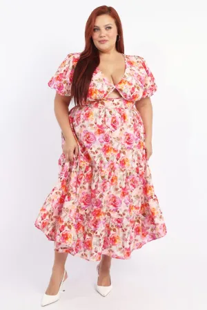 Opal Glow White Floral Midi Dress Short Sleeve Cut Out Textured