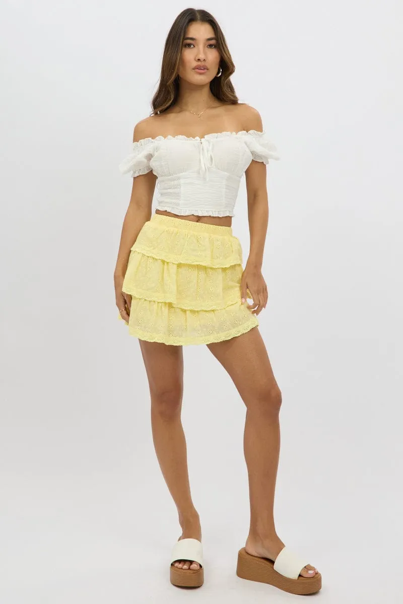 Yellow Mini Skirt Elastic Waist Layered Broidery Eyelet Resort Vacation Tie Dye Style