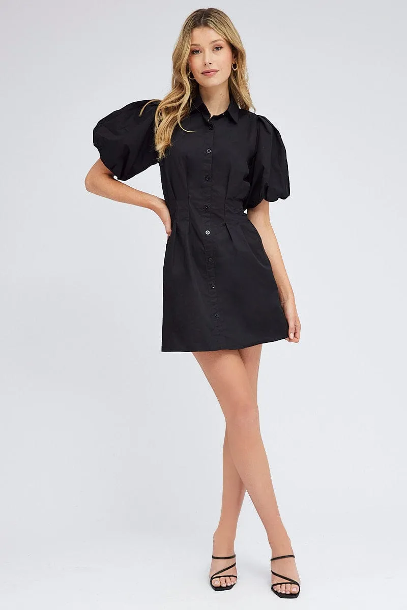Black Shirt Dress Short Sleeve Placket Closure