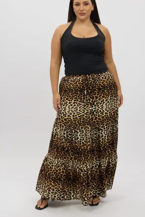 Drawstring closure Black Animal Print Leopard Maxi Skirt