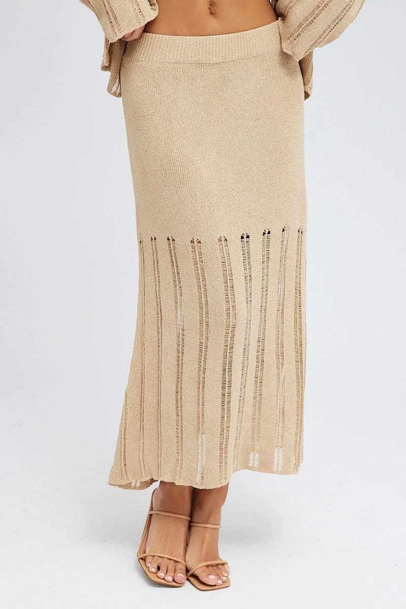 Beige Midi Skirt High Waisted A-line Ladder Knit Neat Finish Comfy Look