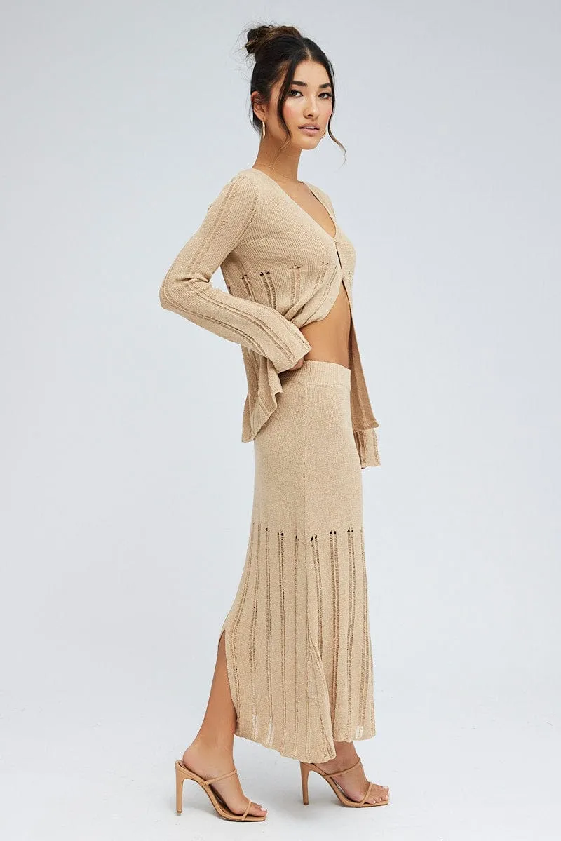 Twist Front Beige Midi Skirt High Waisted A-line Ladder Knit
