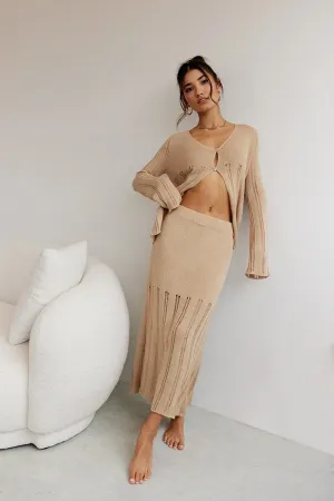 Everyday Wear Beige Midi Skirt High Waisted A-line Ladder Knit