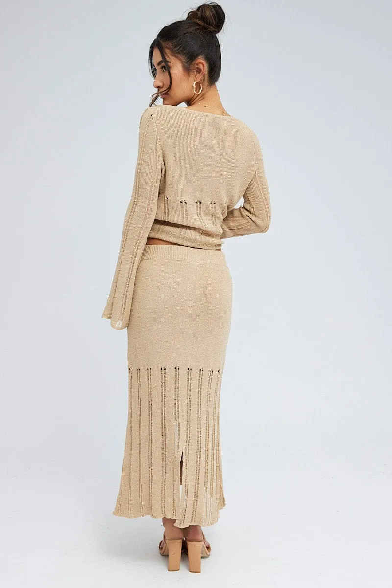 Smooth Layer City Style Beige Midi Skirt High Waisted A-line Ladder Knit