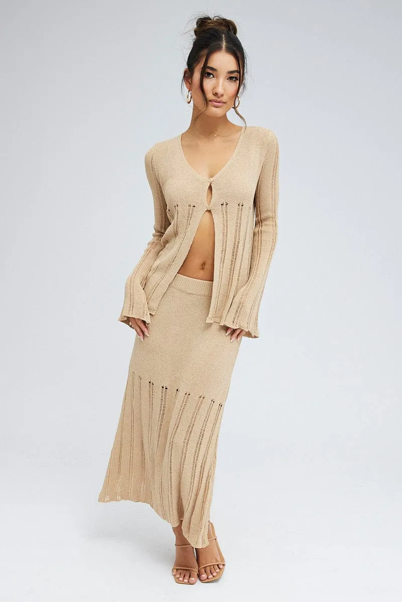 Beige Midi Skirt High Waisted A-line Ladder Knit Tiered Design