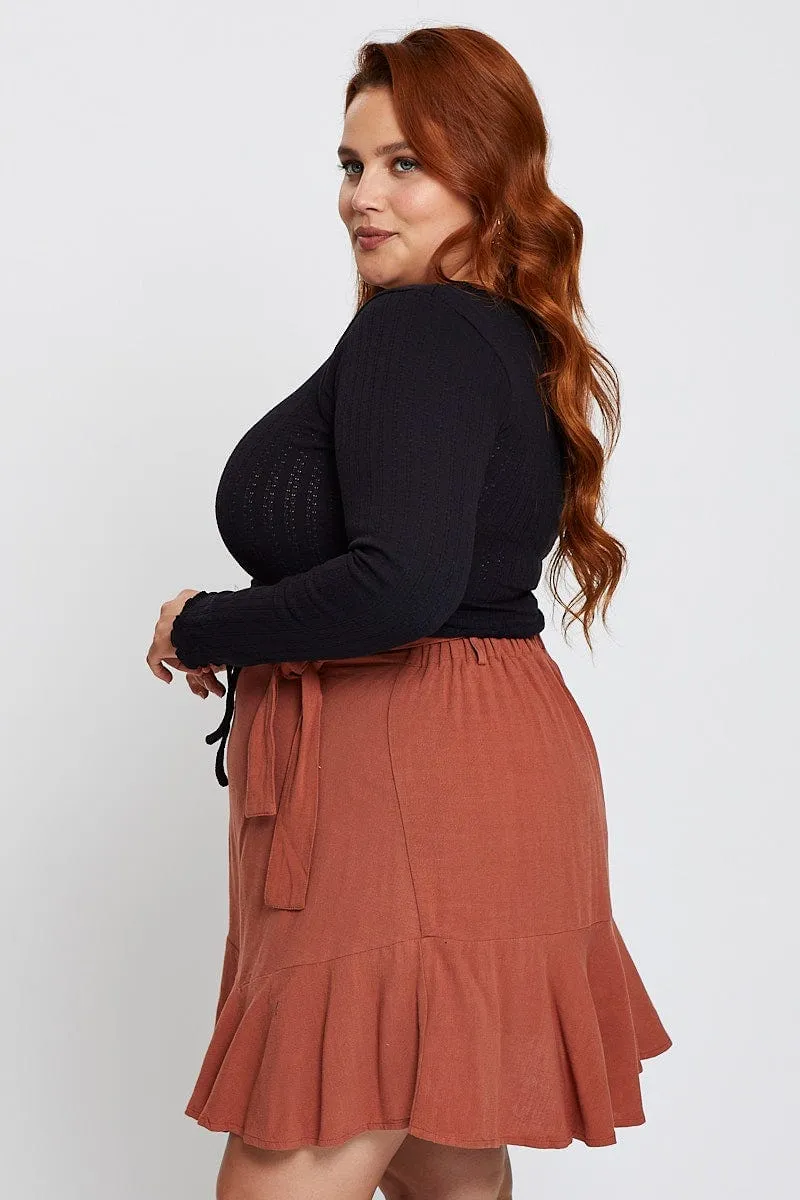 Cozy Tones Inverted Pleats Brown High Waist Linen Blend Belted Skirt