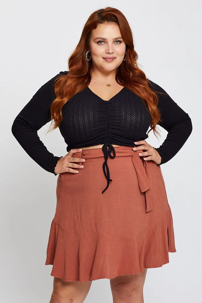 Outfit Display Brown High Waist Linen Blend Belted Skirt