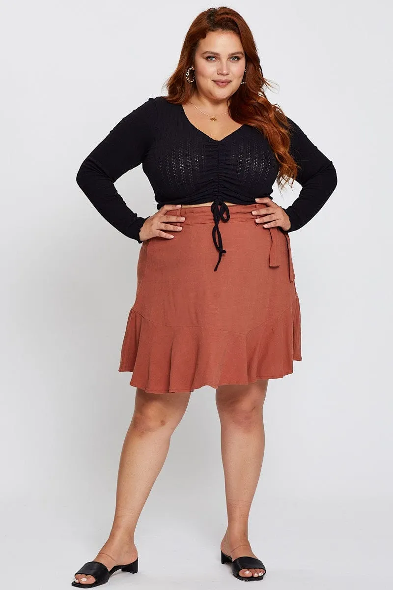 Non Irritating Texture Brown High Waist Linen Blend Belted Skirt