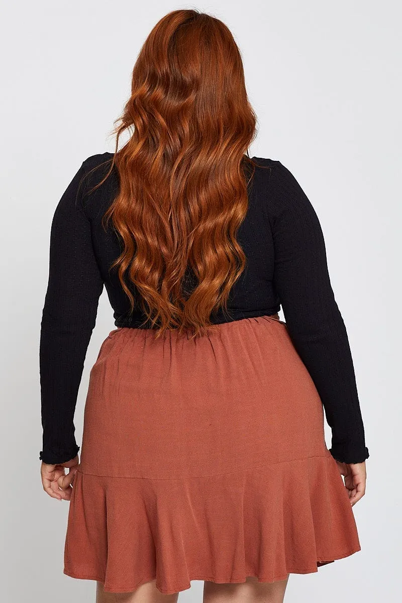 Functional Look Brown High Waist Linen Blend Belted Skirt