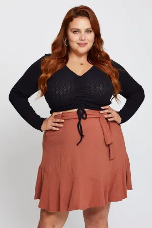 Outfit Display Brown High Waist Linen Blend Belted Skirt