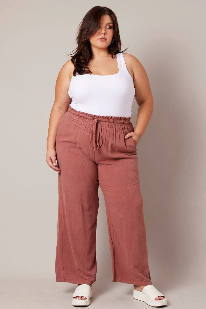 Effortless Look Brown Wideleg Pants Paperbag Elastic Waist Linen Blend