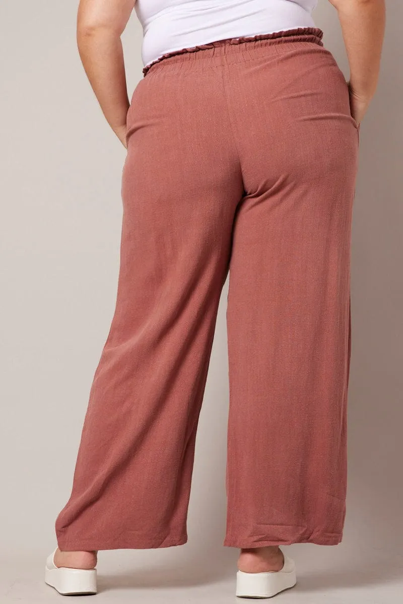 QuickDryTechnology SecureCargoPockets Brown Wideleg Pants Paperbag Elastic Waist Linen Blend