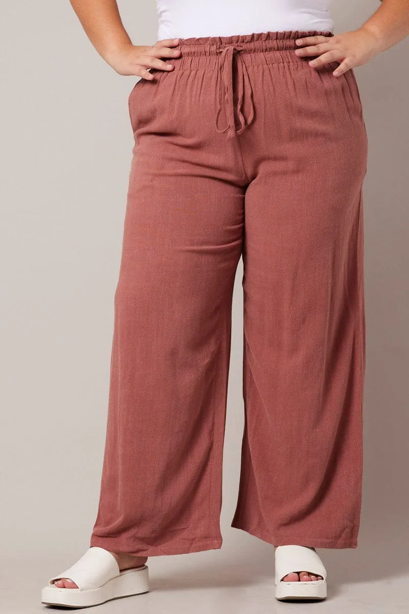 TouchscreenCompatiblePockets Brown Wideleg Pants Paperbag Elastic Waist Linen Blend