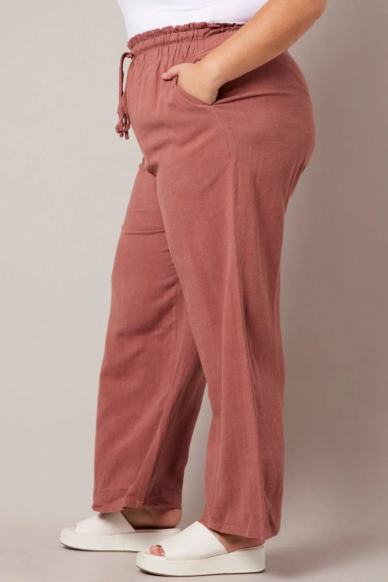 Comfortable Look Form Fitting Brown Wideleg Pants Paperbag Elastic Waist Linen Blend