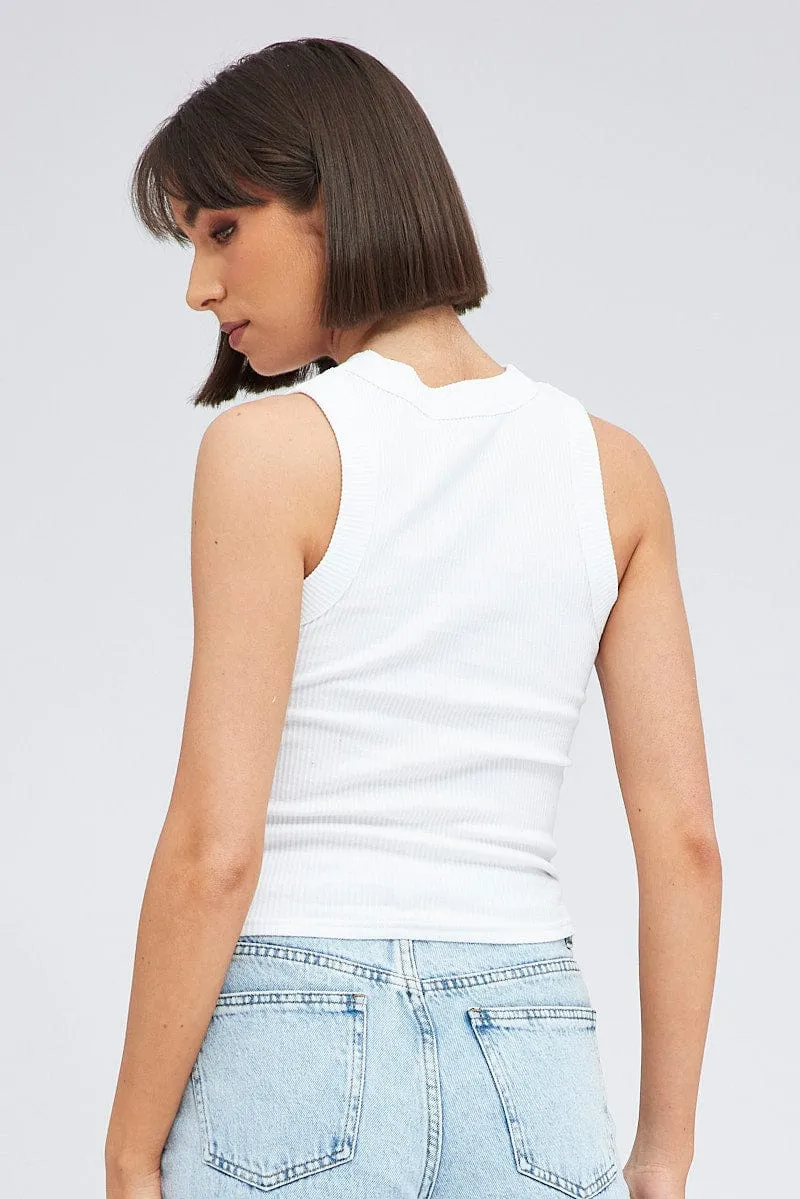 Gloss Fit White Tank Top Sleeveless Crew Neck Washed