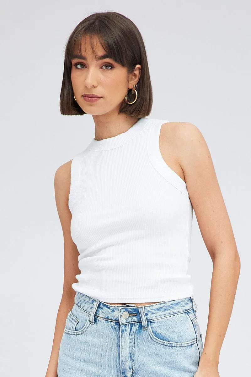 Comfortable Style White Tank Top Sleeveless Crew Neck Washed