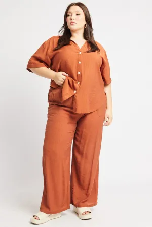 Non Slip Waist Grip LightweightConstruction Brown Drawstring Waist Wide Leg Textured Pants