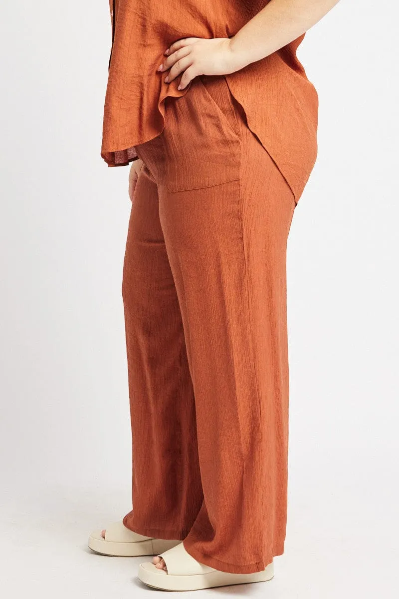 Brown Drawstring Waist Wide Leg Textured Pants Slim Stretch High-rise waist