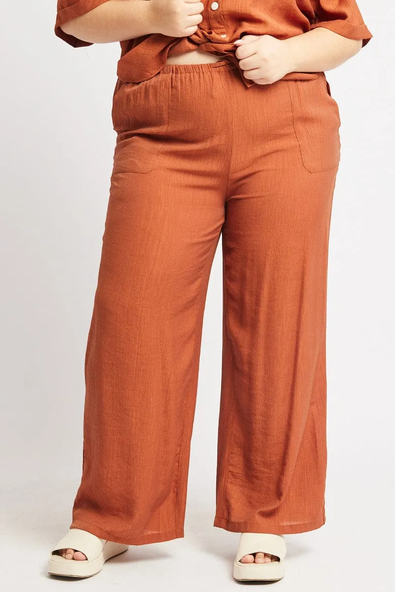Brown Drawstring Waist Wide Leg Textured Pants Comfort Layer Wear