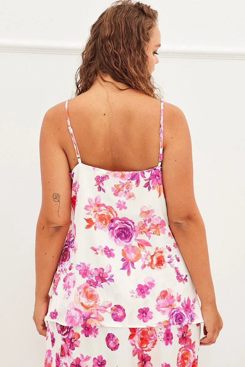 Recycled materials Multi-Purpose Wear Pink Floral Cowl Neck Top Sleeveless Satin