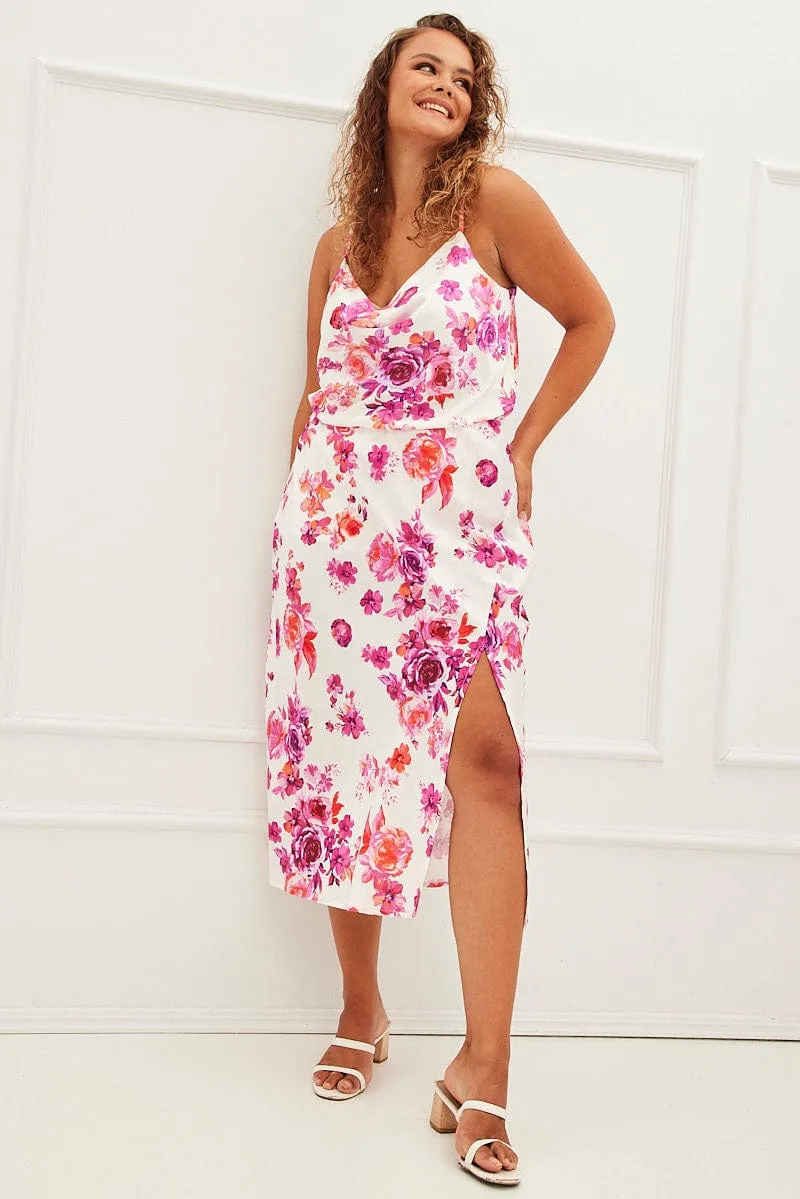Pink Floral Cowl Neck Top Sleeveless Satin CompressionFreeCuffs