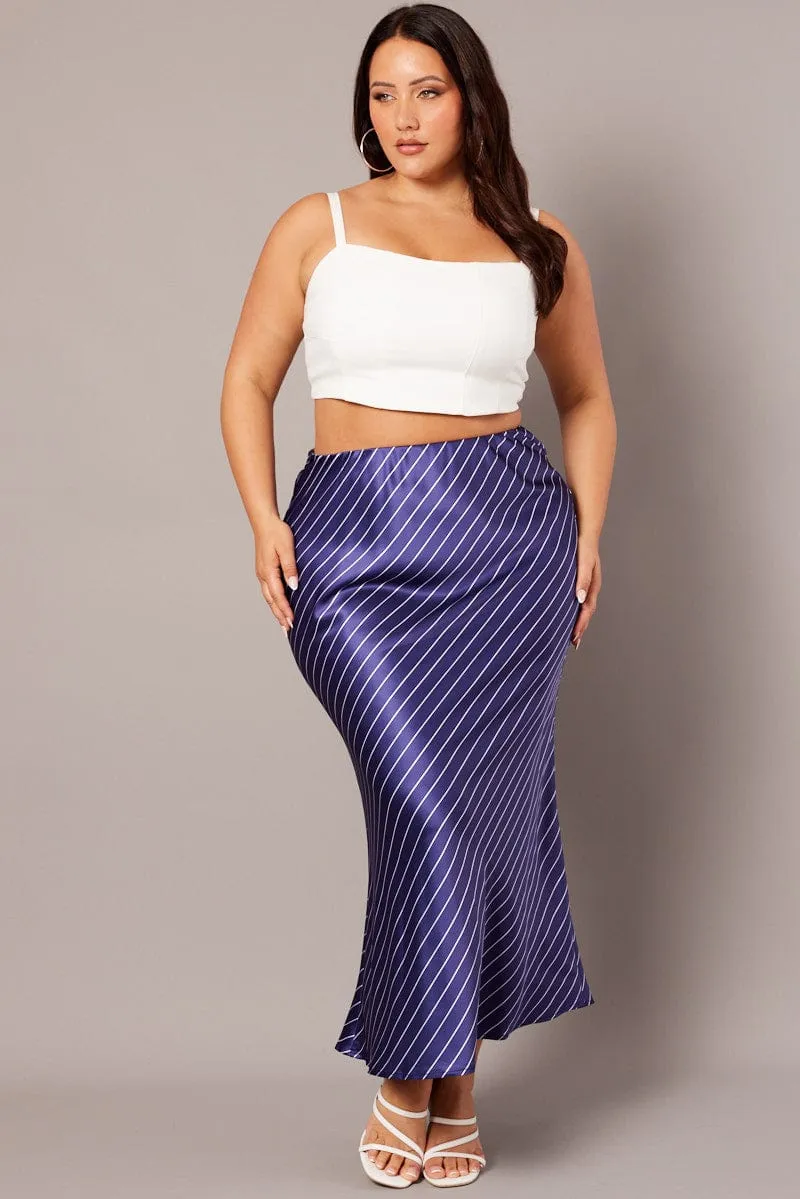 Polished Look Artistic Influence Blue Stripe Pinstripe Bias Satin Skirt