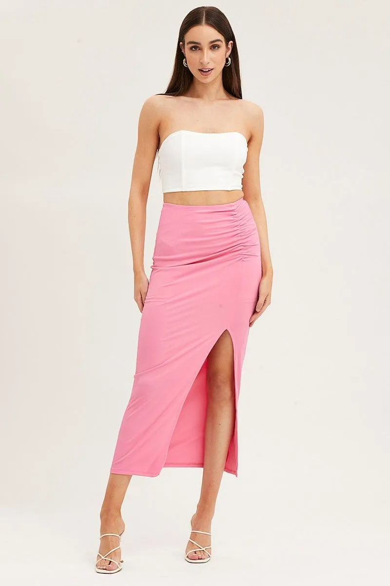 Pink Rib Jersey Front Slit Pencil Midi Skirt Flexible Comfort Urban Fit