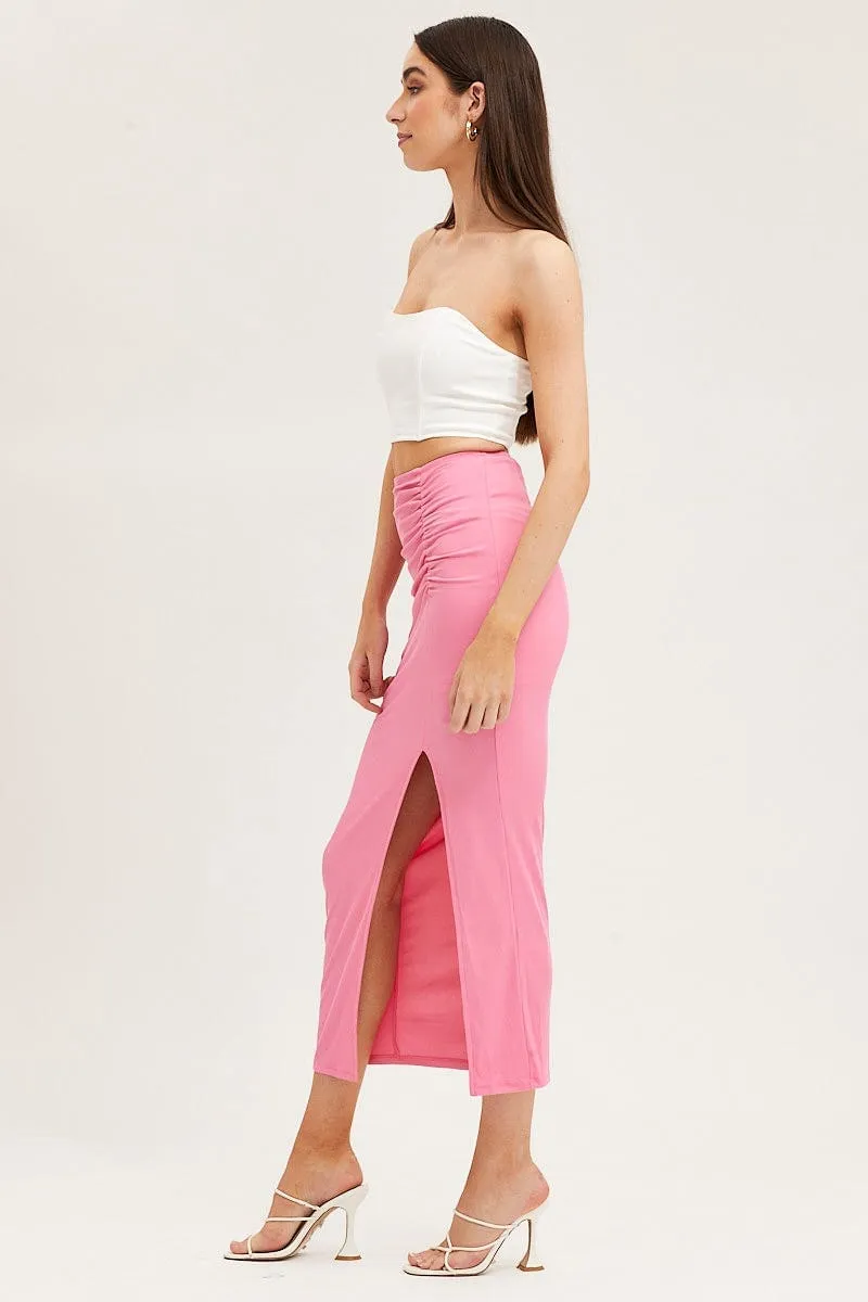 Pink Rib Jersey Front Slit Pencil Midi Skirt Geometric Print