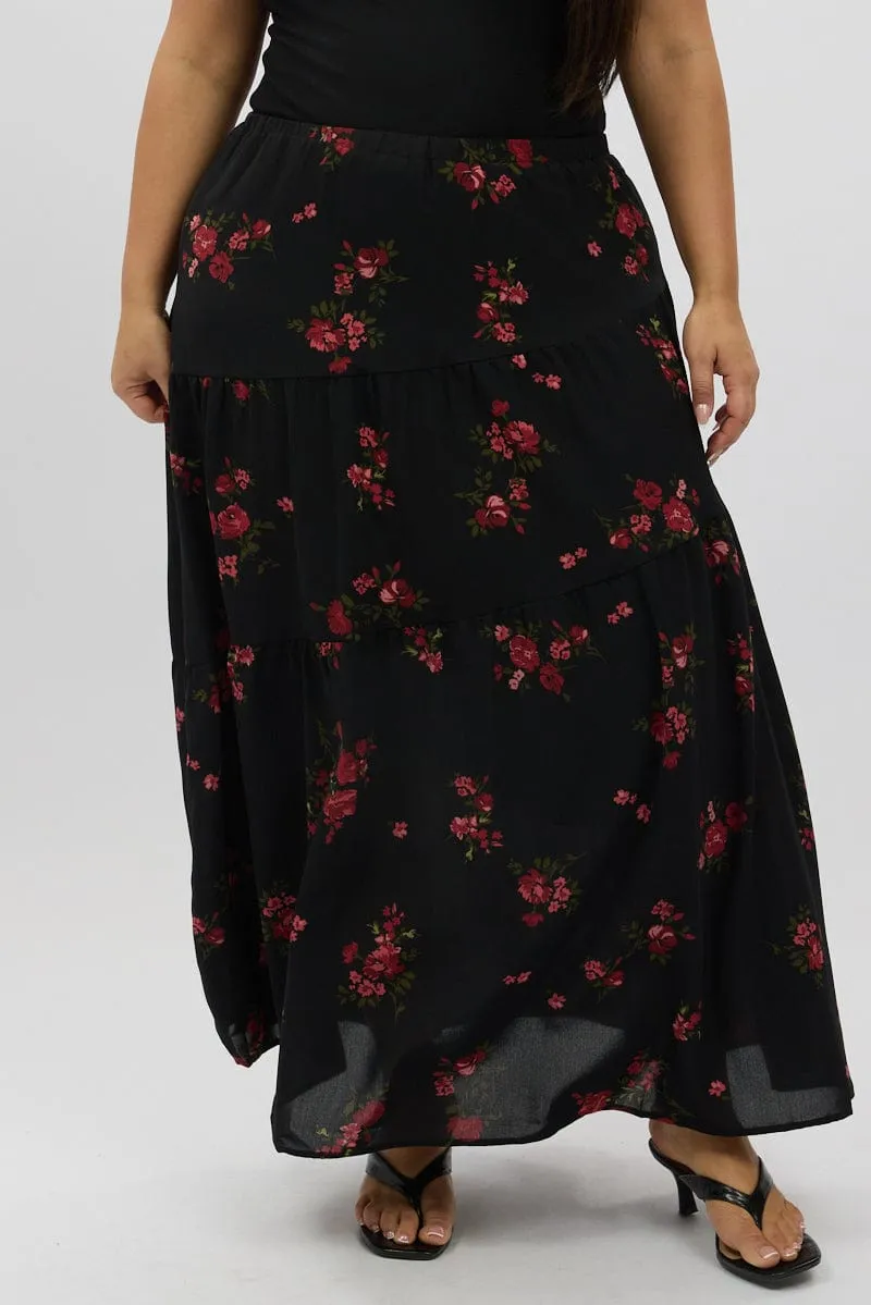 Wedding guest Black Floral Maxi Skirt