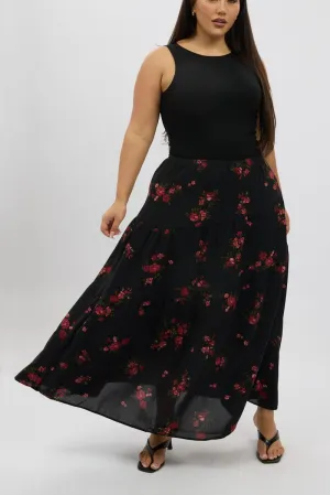 Minimalist Layering Black Floral Maxi Skirt