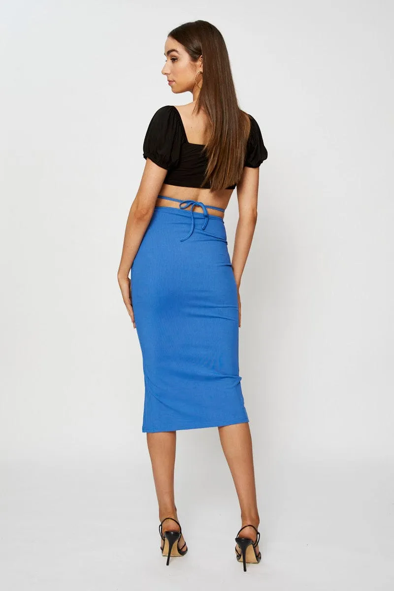 Subtle Mood Fresh Look Blue Ribbed Bodycon Midi Skirt