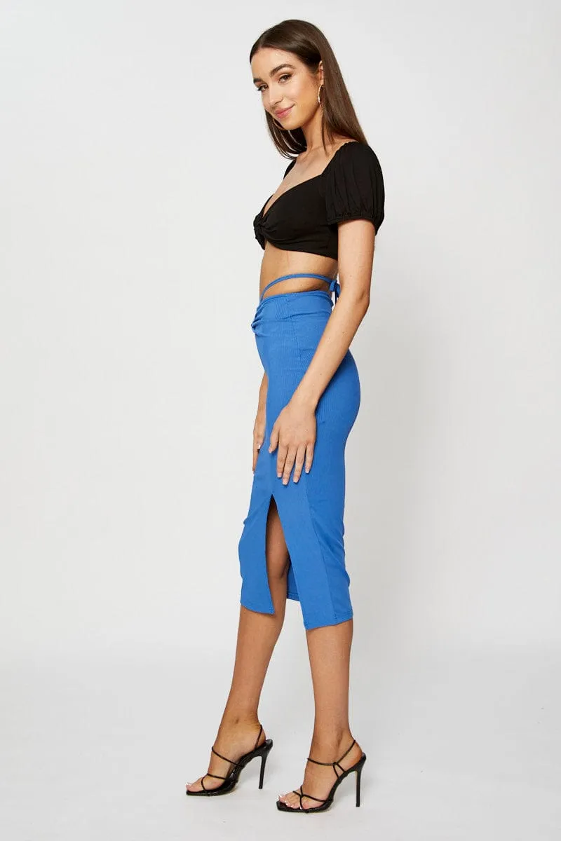 Neutral palette Emerging Designer Blue Ribbed Bodycon Midi Skirt