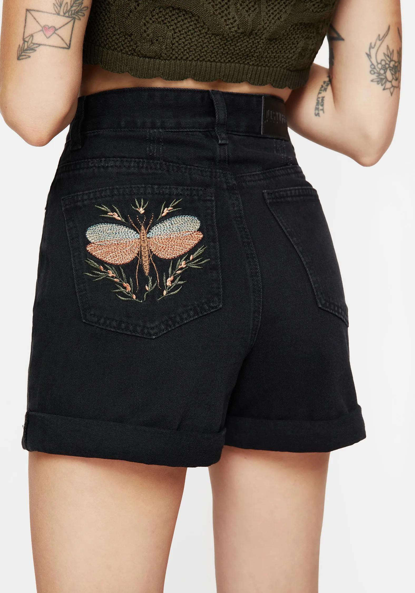 Non Restrictive Fit Smart Fit Griffinfly Embroidered Distressed Denim Shorts
