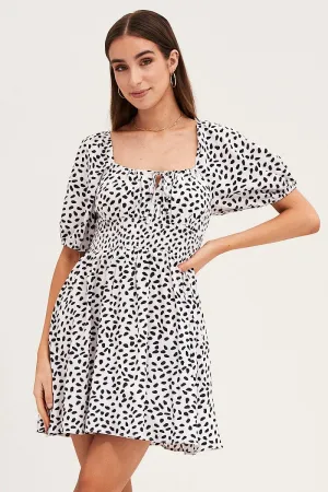 Print Puff Sleeve Skater Dress smooth zipper