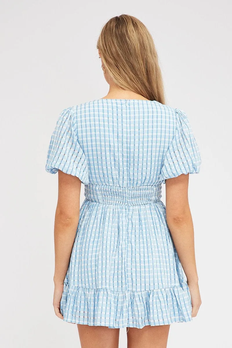 Chic Wear WaterRepellentSurface Blue Fit And Flare Dress Puff Sleeve Mini