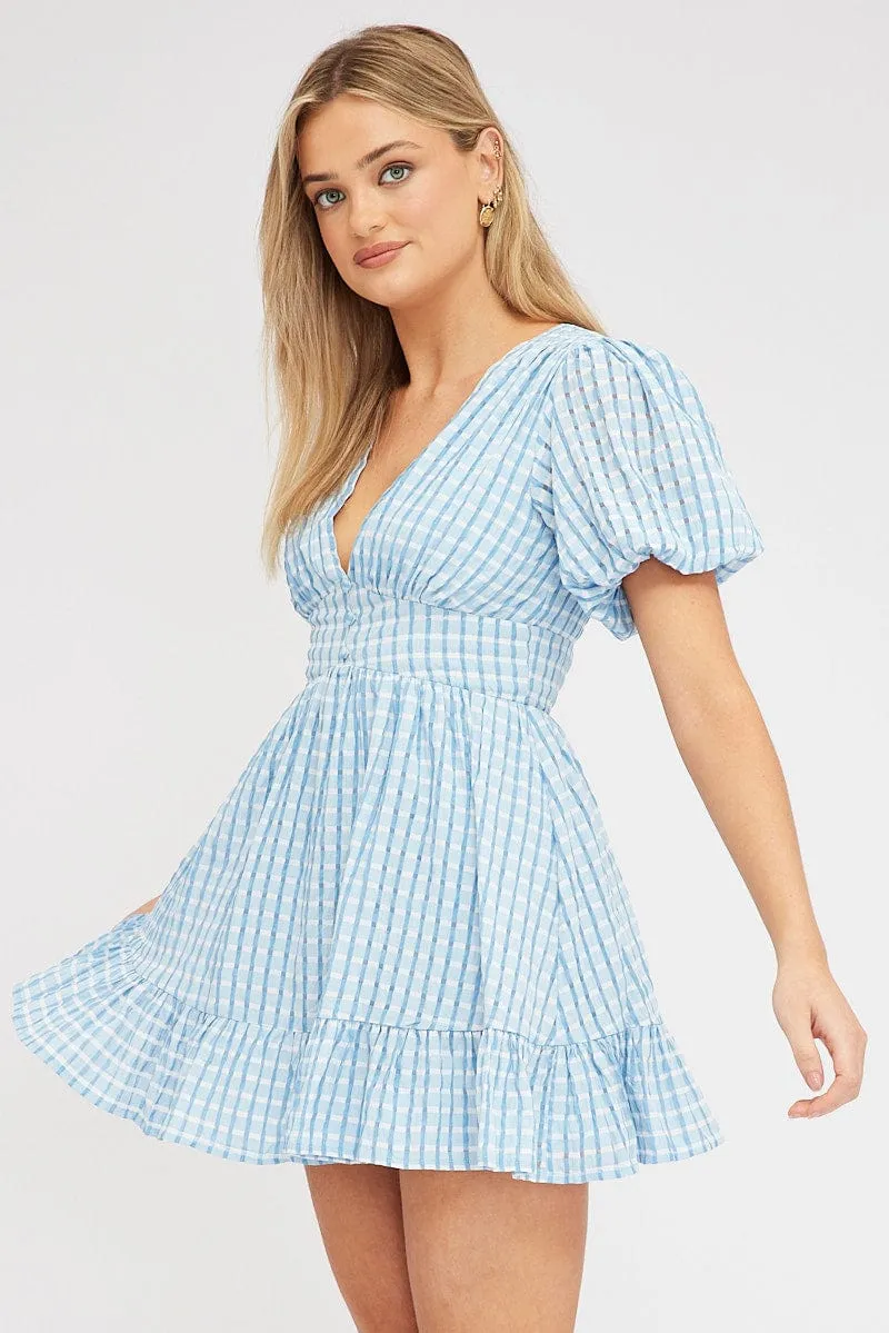 Blue Fit And Flare Dress Puff Sleeve Mini Dad Core