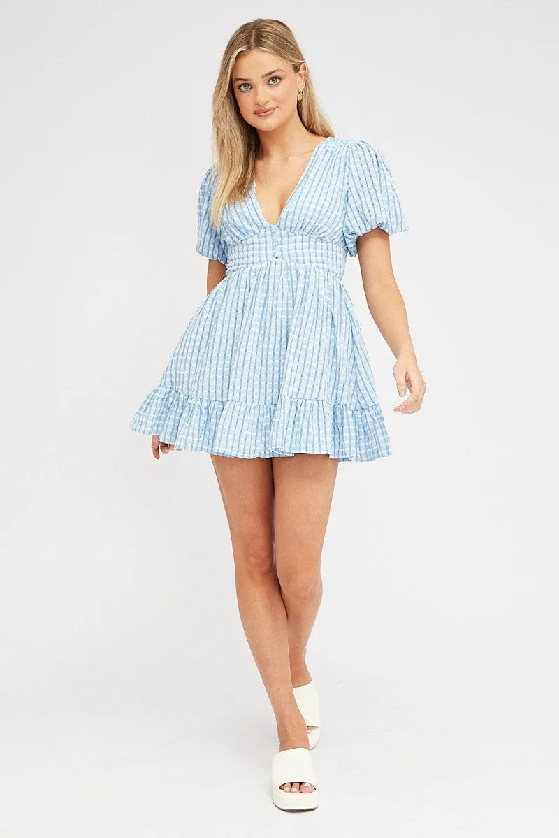 Stylish Jacket Sky Mood Blue Fit And Flare Dress Puff Sleeve Mini