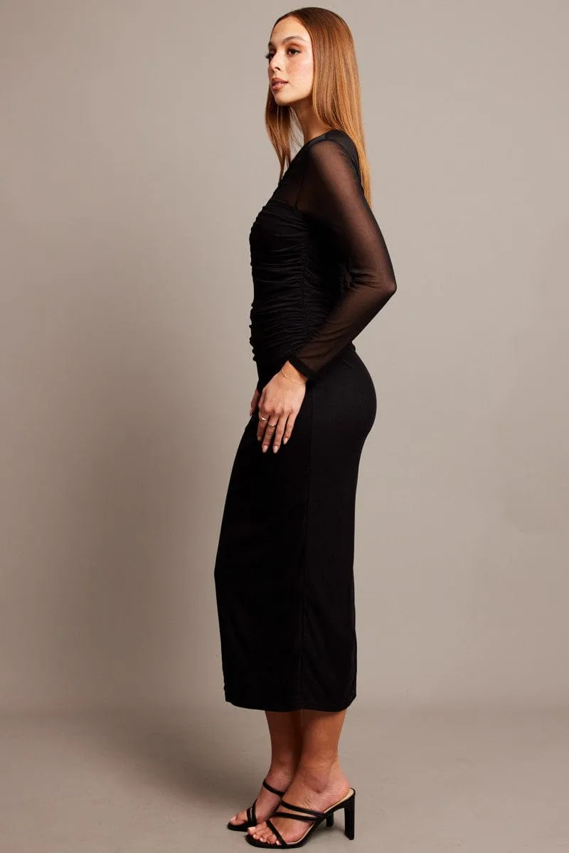 Black Bodycon Dress Long Sleeve Mesh NonRestrictiveFit Creative Flow