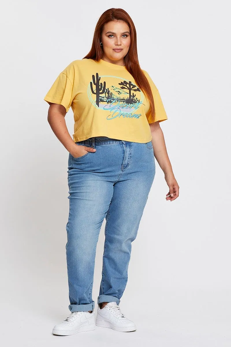 Yellow Short Sleeve Desert Dreams Semi Crop T-shirt Micro Perforated Fabric Chic Wear