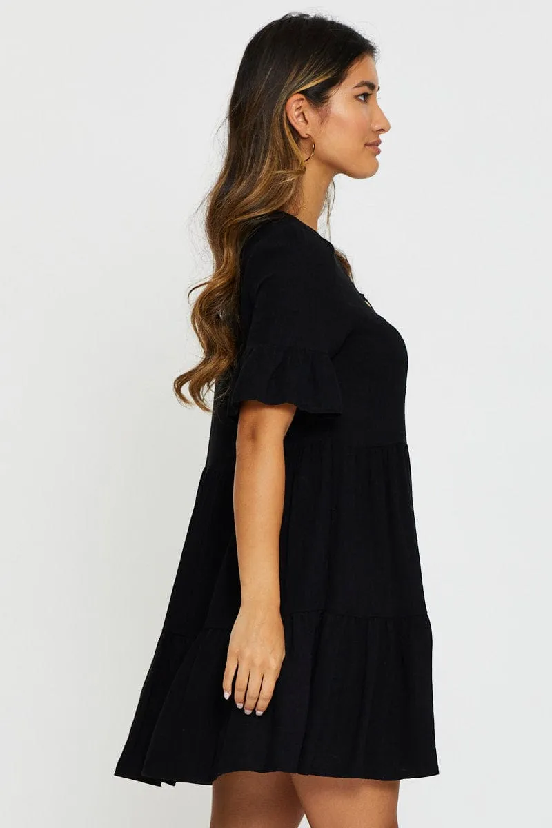 Modern Muse Cozy Style Wear Black Mini Dress Short Sleeve