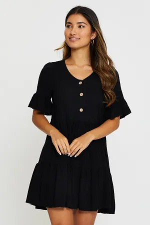 Ruched Bodice Structure Black Mini Dress Short Sleeve