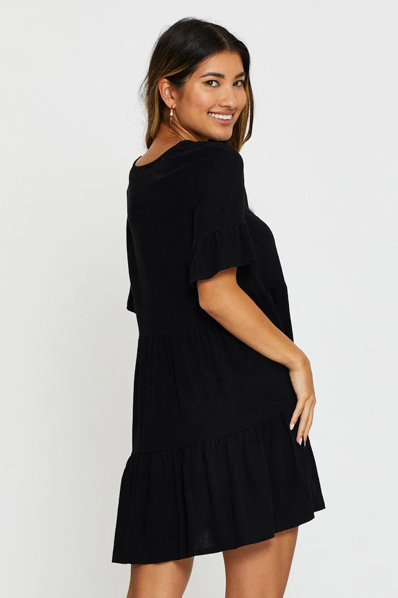 playful mini Day Wear Black Mini Dress Short Sleeve