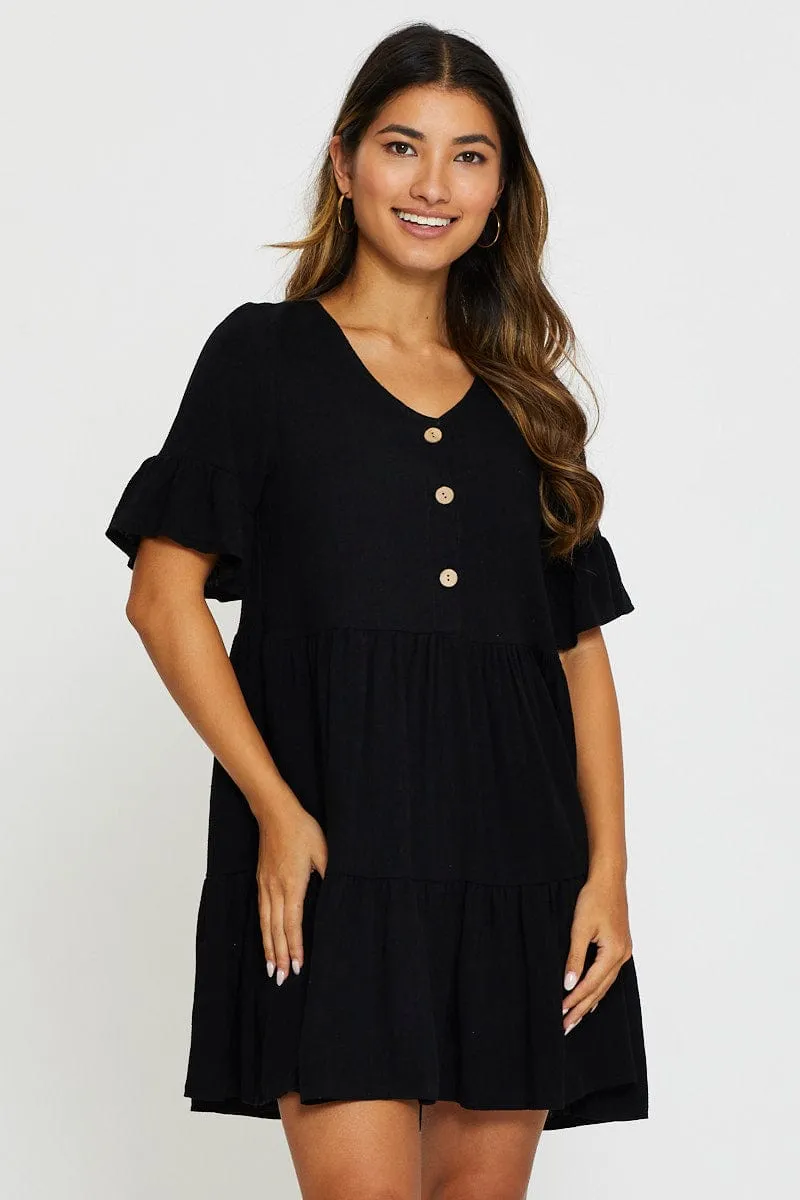 Black Mini Dress Short Sleeve Smooth Elastic