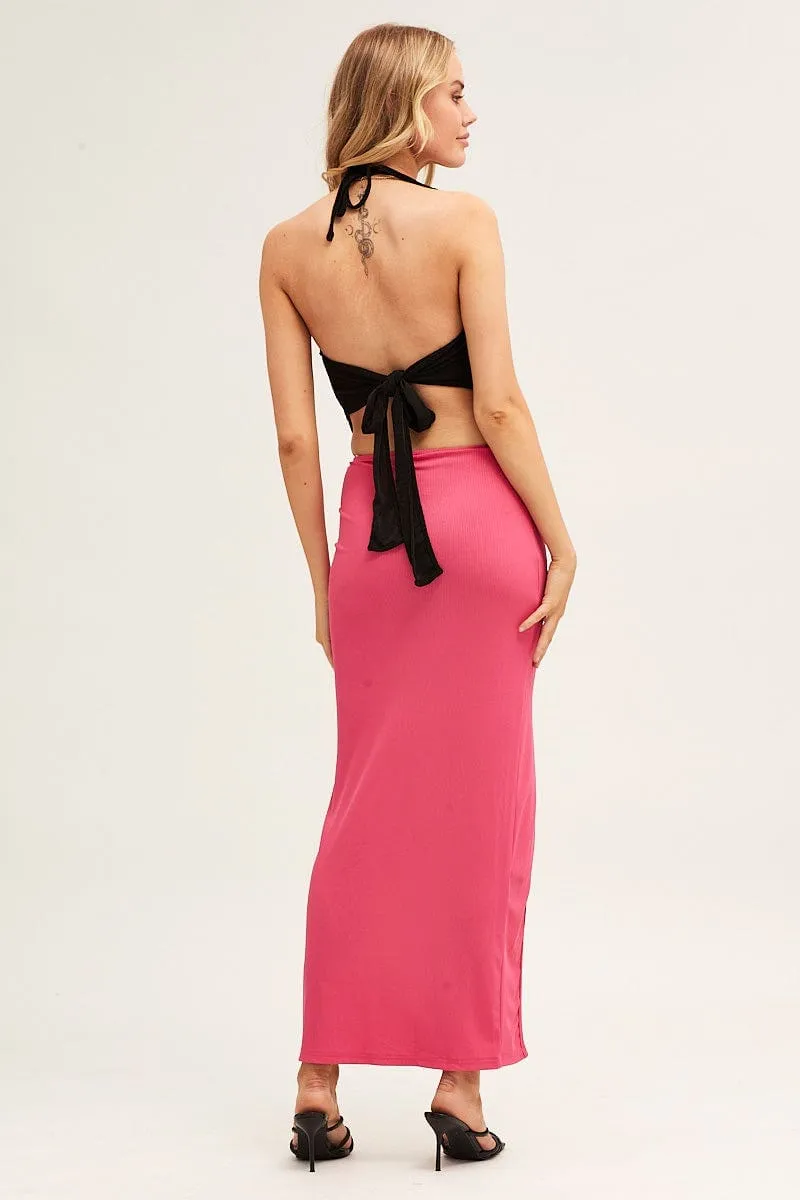 Pink Midi Skirt Bodycon Ring Ribbed Style Essential Wrinkle Resistant